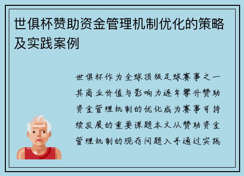 世俱杯赞助资金管理机制优化的策略及实践案例